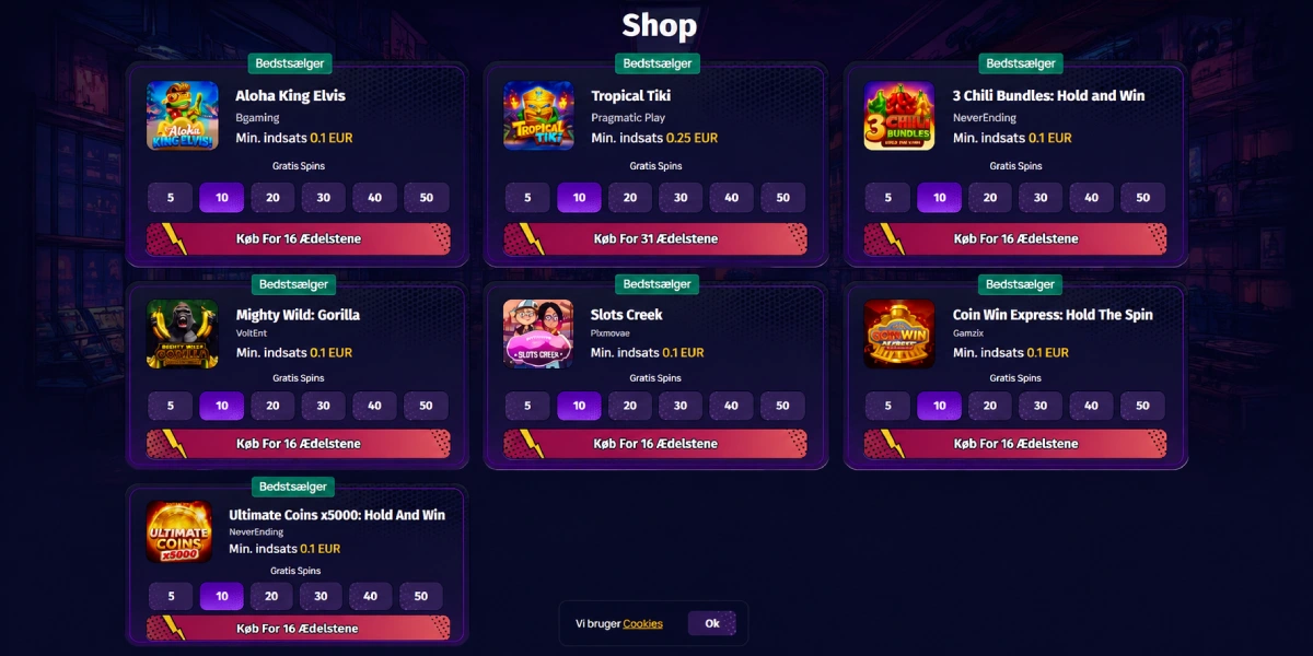 Spinlander Casino bonusbutik køb gratis spins med ædelstene